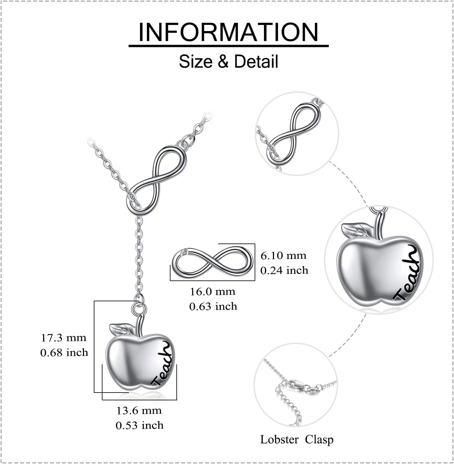 YAFEINI Teacher Gifts for Women Sterling Silver Teacher Lariat Y Necklace Infinity Apple Pendant Jewelry Teachers Appreciation Gift