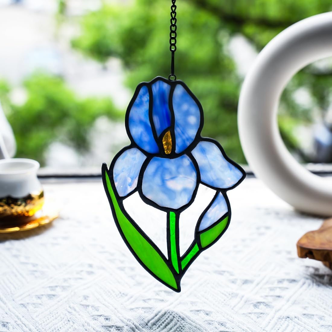 BOXCASA Iris Flower Stained Glass Window Hanging,Handcrafted Suncatchers for Windows Hanging,Stained Glass Iris Flower Gifts for Women,Mom,Grandma