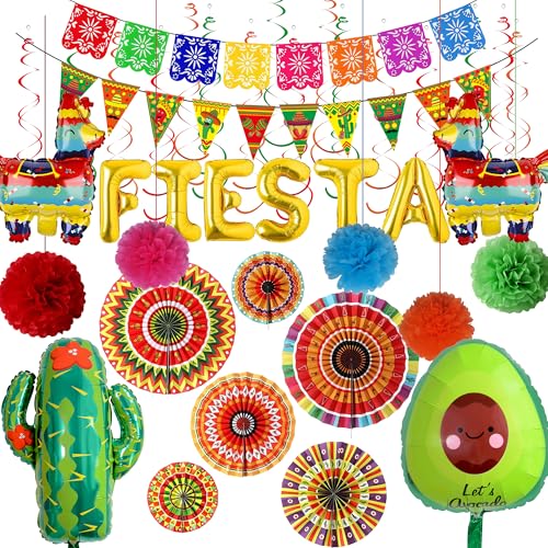 32pcs Mexican Party Decorations Fiesta Party Decor Crepe Paper Streamer Mexica Themed Paper Fans Pom Poms Flowers for Mexican Fiesta Cinco De Mayo Supplies