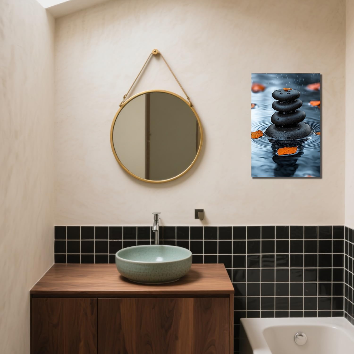 SANGGUOBIN Zen Canvas Wall Art Black Stones and Orange Leaves in the Rain Pictures Nature Still Life Meditation Poster for Yoga Spa Room Living Room Decor(Black-1,12x18inch)