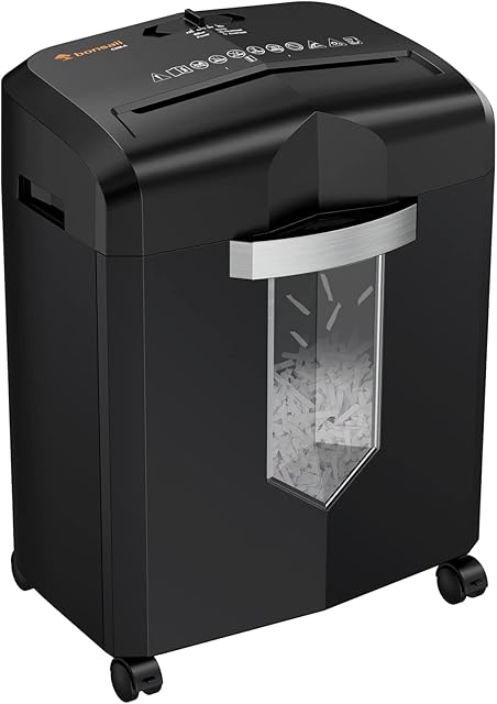 Paper Shredder for Office Use, Bonsaii 12 Sheet Cross Cut Shredder with 5-Min Continuous Running Time, Heavy Duty Business Shredders with Jam Proof System & 23-Litre Pullout Bin with 4 Casters C266-A