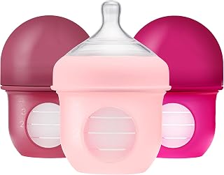 Boon Nursh Anti-Colic Silicone Pouch Baby Bottles, Slow Flow Nipple, Reusable 4oz Pink 3-Pack Newborn 0-3 Months