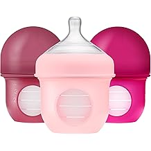 Boon Nursh Reusable Silicone Pouch Baby Bottles - Slow Flow Nipple - Silicone Baby Bottle Pouch and Nipple - Baby Feeding Essentials - Pink - 0-3 Months - 3 Count - 4 Ounce