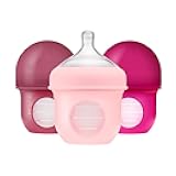 Boon Nursh Reusable Silicone Pouch Baby Bottles - Slow Flow Nipple - Silicone Baby Bottle Pouch and Nipple - Baby Feeding Essentials - Pink - 0-3 Months - 3 Count - 4 Ounce