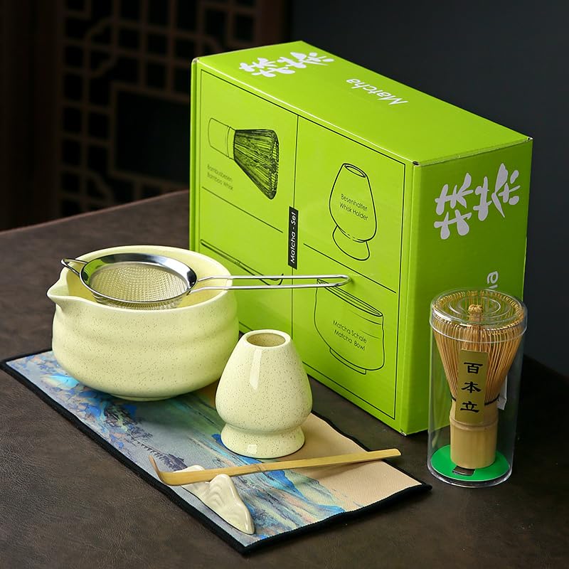 Japan Matcha Set Matcha Whisk Matcha Bowl with Pouring Spout Scoop Matcha Whisk Holder Tea Making Kit. 1 Japanese Tea Set (7pcs),Matcha Color,Color Box Packing, 15.2 Ounce (Yellow)