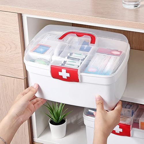 Miniatura 9 de Caja médica, Caja vacía transparente de primeros auxilios con mango portátil, caja de almacenamiento de doble capa caja de píldoras de plástico