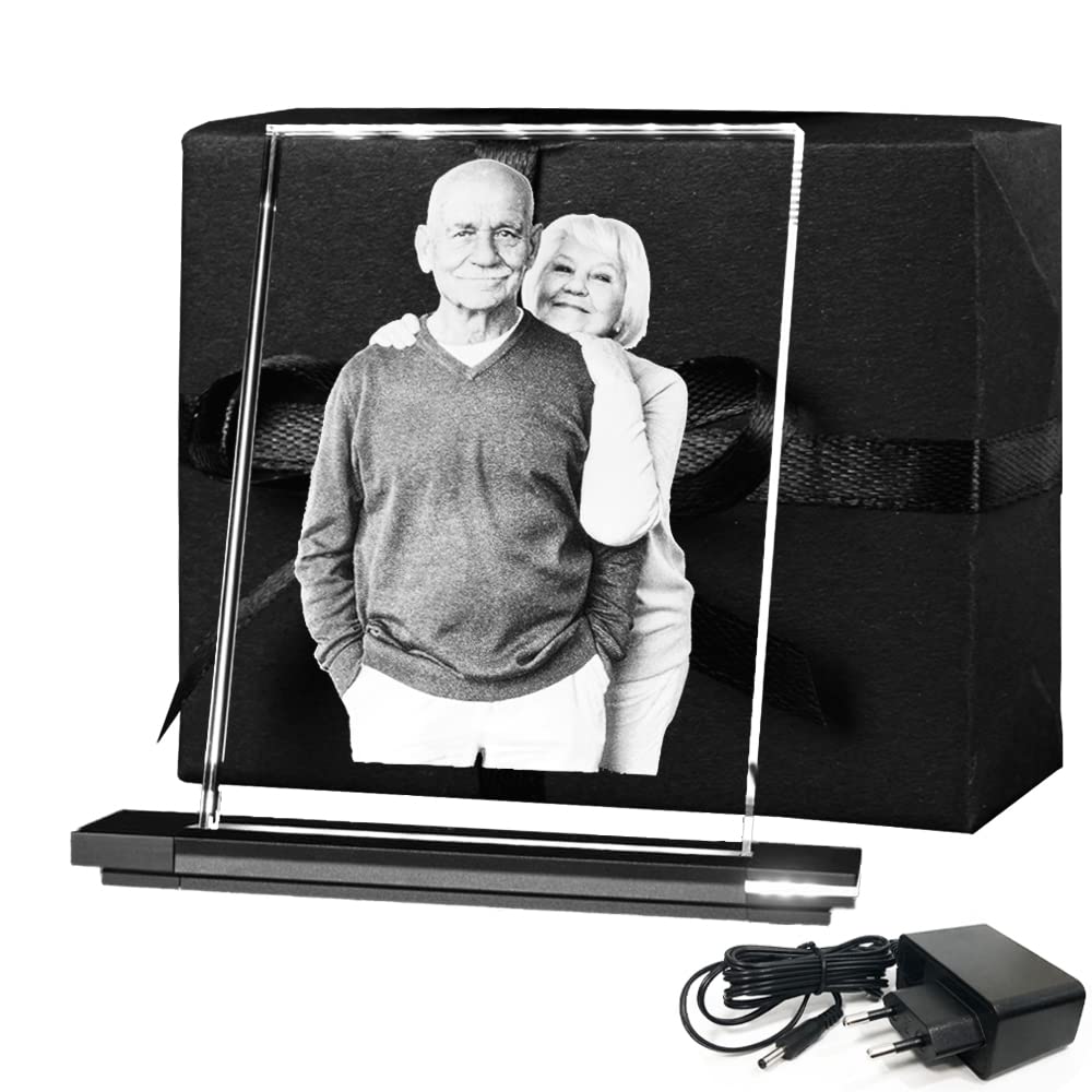 LOOXIS Photo en Verre Avec Socle Lumineux - Votre Propre Image Gravée au Laser Dans du Véritable Verre Viamant - Cadeau Personnalisé (L Portrait)