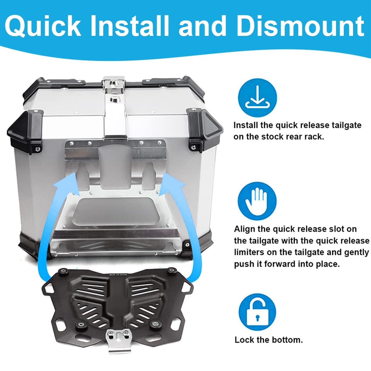 Baúl de Aluminio para Moto 45L 55L 65L 80L 100L, Maleta Top Case Impermeable, Maletero de Motocicleta, Caja para Scooter con Placa de Montaje y Respaldo (Plata, 55 L)