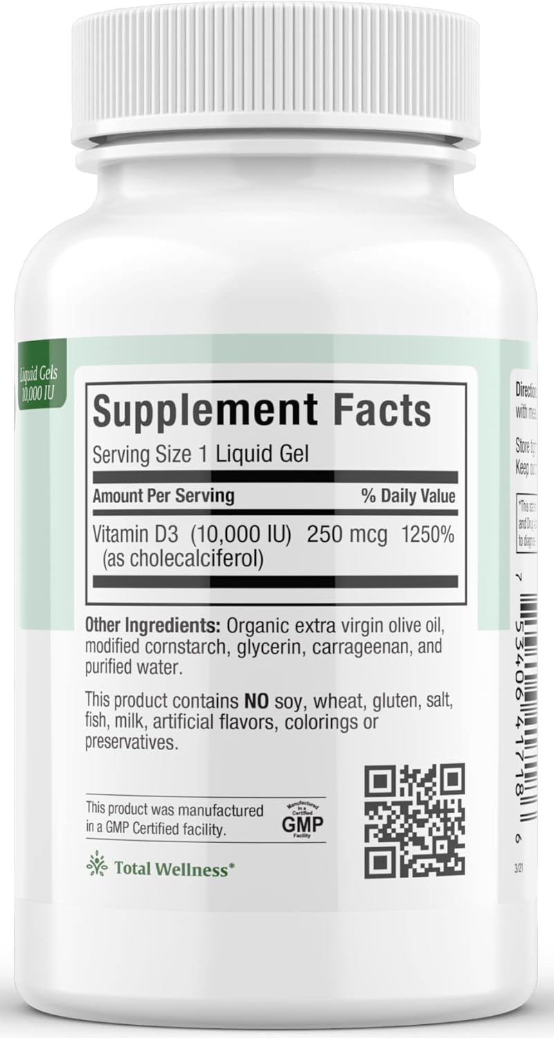 Vitamin D3 10000 IU Softgels Supplement - Pure VIT D3 for Calcium Absorption, Immune Health and Bone Support for Adult Women & Men - Vitamina D - Liquid D3 10000 IU Softgels - Maxi Health (180) : Health & Household