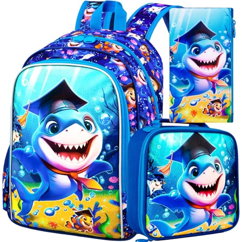 AGSDON 3 mochilas para meninas, mochila infantil de 16 polegadas para escola pré-escolar e lancheira, Dr.shark azul, 12'L x 16'H x 5'W, 18L capacity