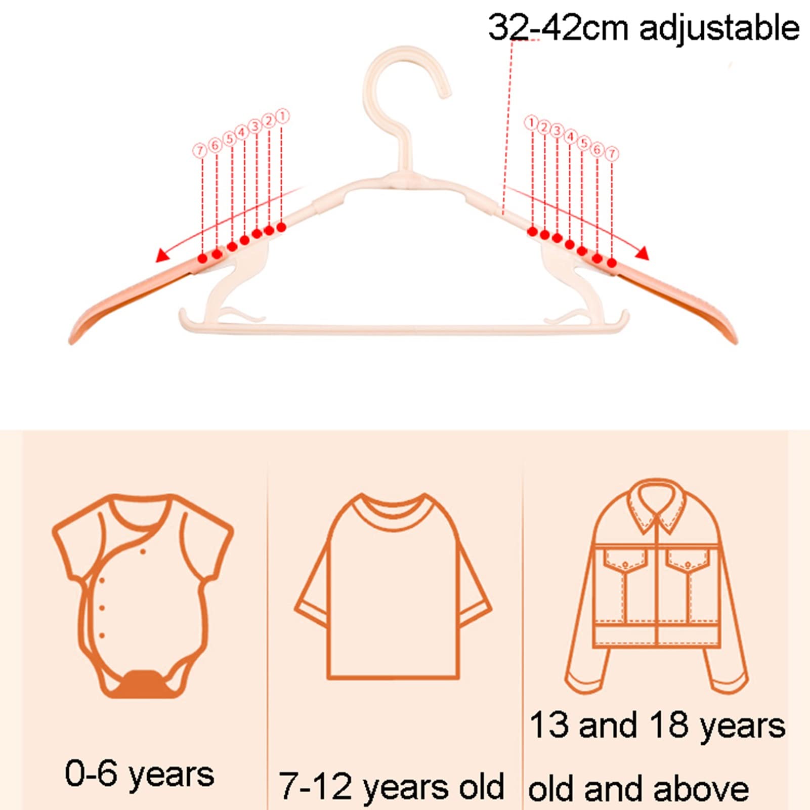 Perchas de Armario Antideslizantes for bebés, estirables (32-42 cm) for niños, Perchero de plástico for niños recién Nacidos con Gancho, Apto for niños de 0 a 18 años, 20 Piezas