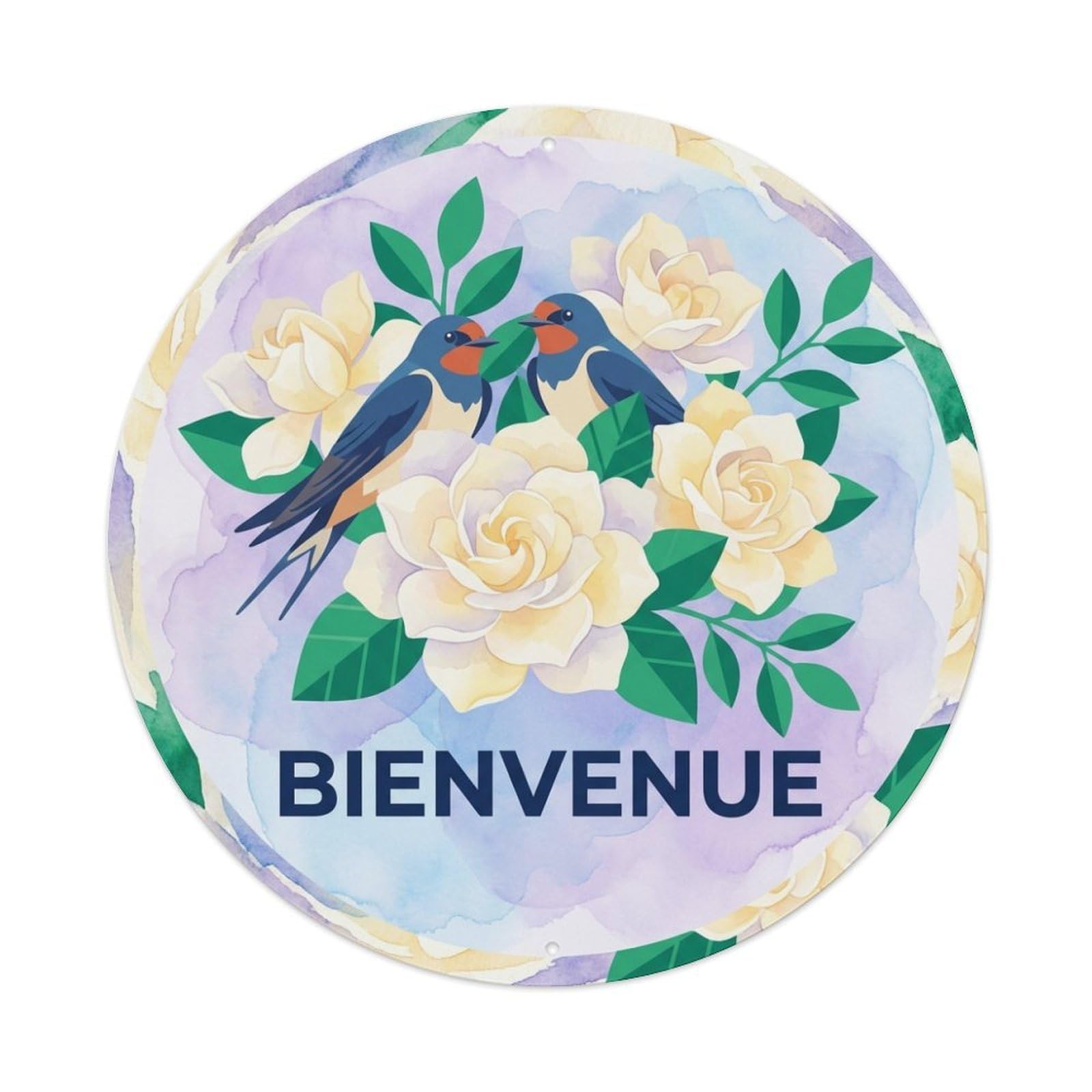 Watercolor Bird Slogan Bienvenue Gardenia Metal Tin Sign