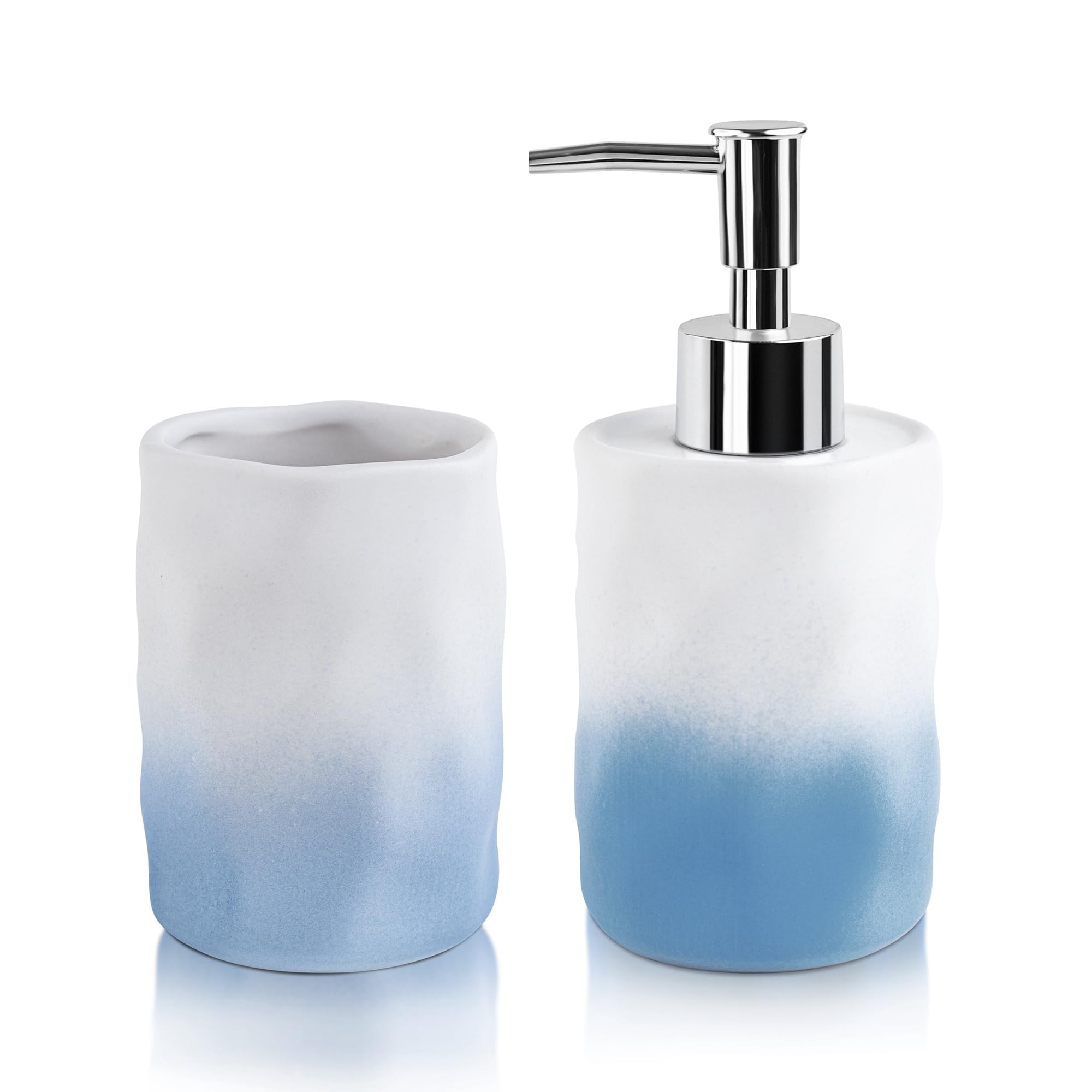 Birch & Co. Ceramic Soap Dispenser For Wash Basin - Handwash Dispenser Bottle - Leak-Proof Design With Silver Glossy BPA-Free Pump, Flowra, Blue With Holder,Soapdispenser_Flowracombo_Blueholder