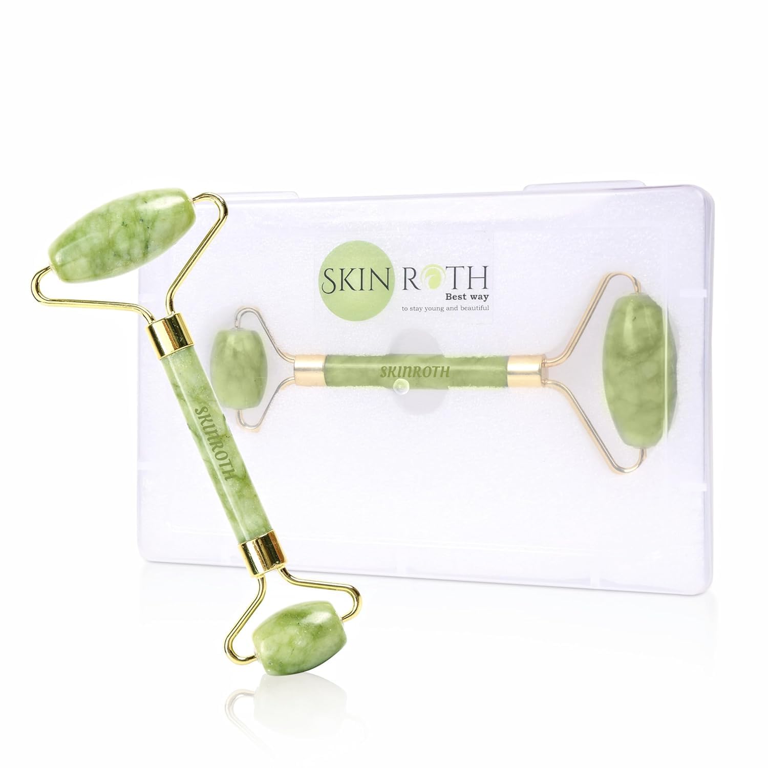 SKINROTH Grade-A+ Luxury Facial Jade Roller Face Yoga Massager to Use Face Yoga V-shape Glowing Skin Anti-Aging, Wrinkle Eye Jawline and Puffiness Jade Green