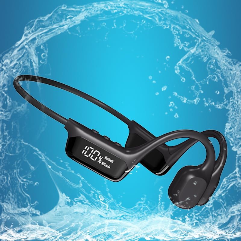 AYI True Bone Conduction Swimming Headphones with Bluetooth 5.4 & MP3 Player Mode 32GB Built-in Memory IPX8 Waterproof Screen Display Pain-Free