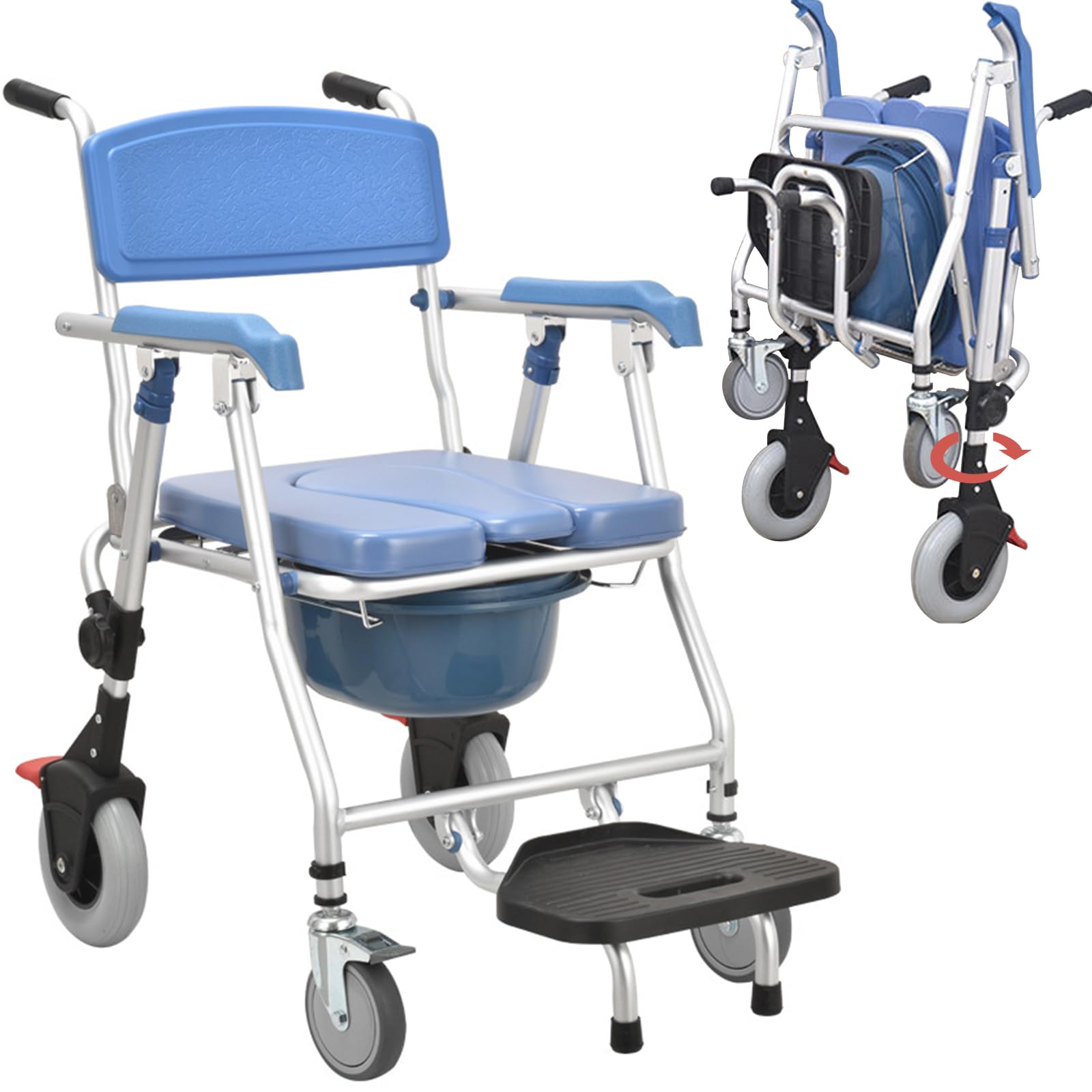 Silla plegable con ruedas y respaldo bloqueables, diseño 3 en 1 para uso en mesita de noche e inodoro, ideal para personas mayores y movilidad reducida