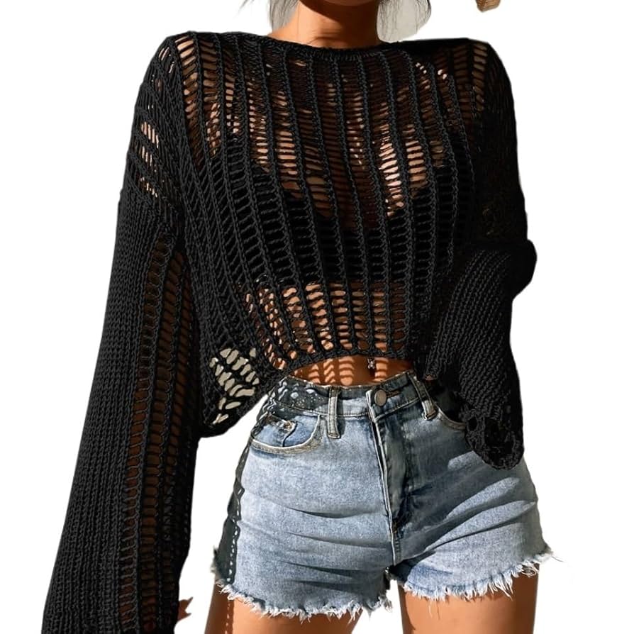 Amazon.co.jp: オープンニットベルスリーブシアーセーター