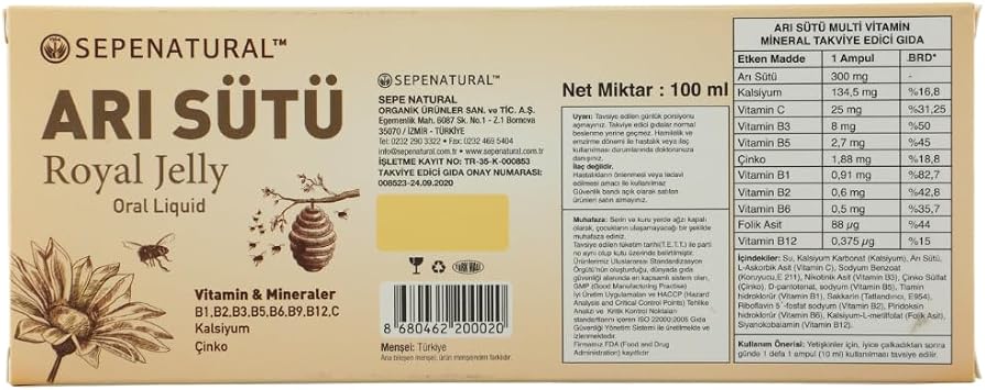 Arı Sütü, Kalsiyum, Çinko, Folik Asit, C ve B Vitamin Kompleks Su Bazlı Şurup 10 Ampul x 10 ml SEPE