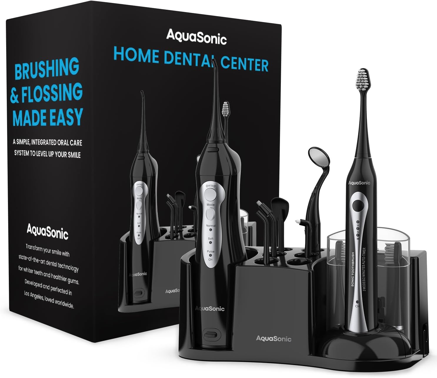 Home Dental Center Rechargeable Power Toothbrush & Smart Water Flosser - Complete Family Oral Care System - 10 Attachments and Tips Included - Various Modes & Timers (Black)