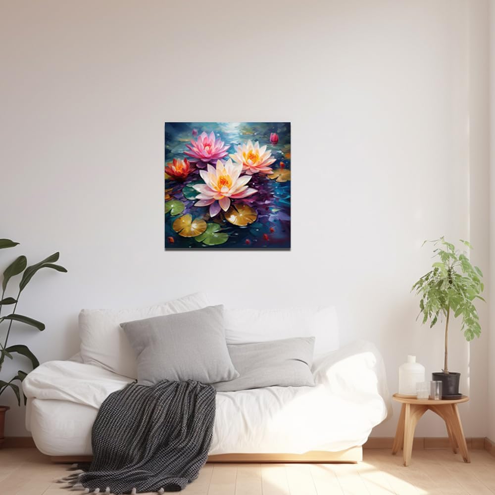 QIXIANG Watercolor Lotus Painting Canvas Wall Art Blooming Flower Pictures Zen Lotus Decor Artwork Framed for Bathroom Wall Decor (16.00" x 16.00", Lotus Flower 4) - Image 5