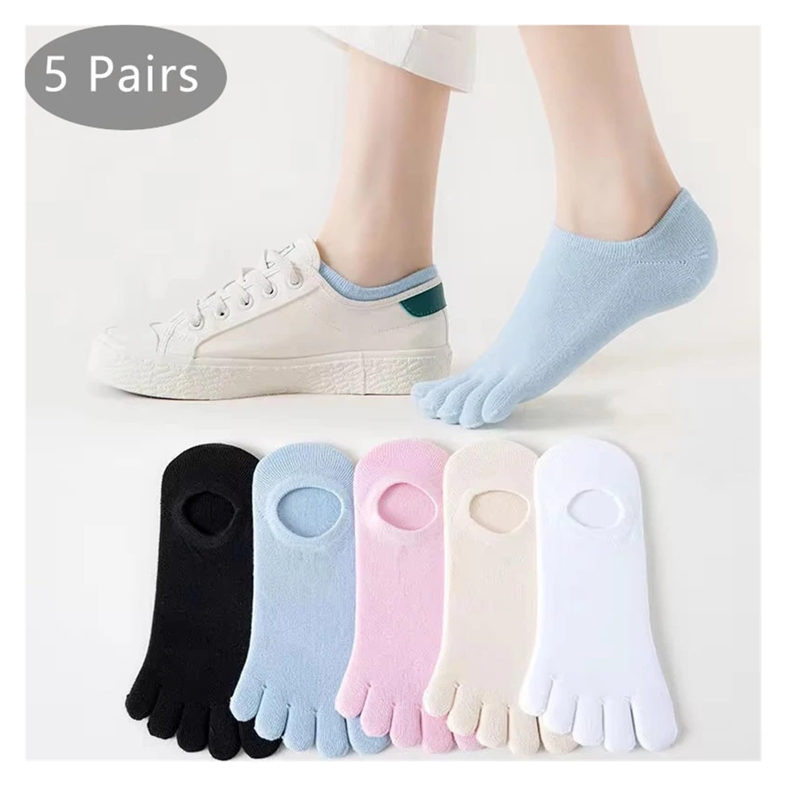 Calze con Dita 5 Paia di Calzini Estivi Invisibili da Donna in Cotone, Sottili, Morbidi, Traspiranti, a Dita(Black)