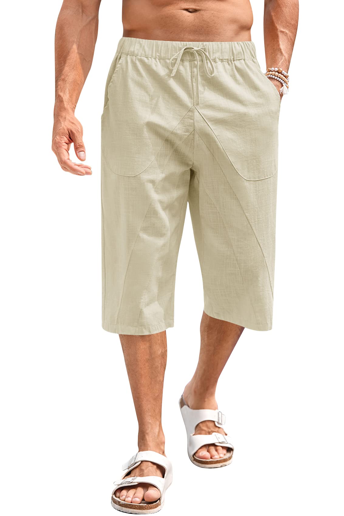 Fommykin Men's Cotton Linen Capri Pants Baggy Harem Drawstring Yoga Beach Pants with Pockets