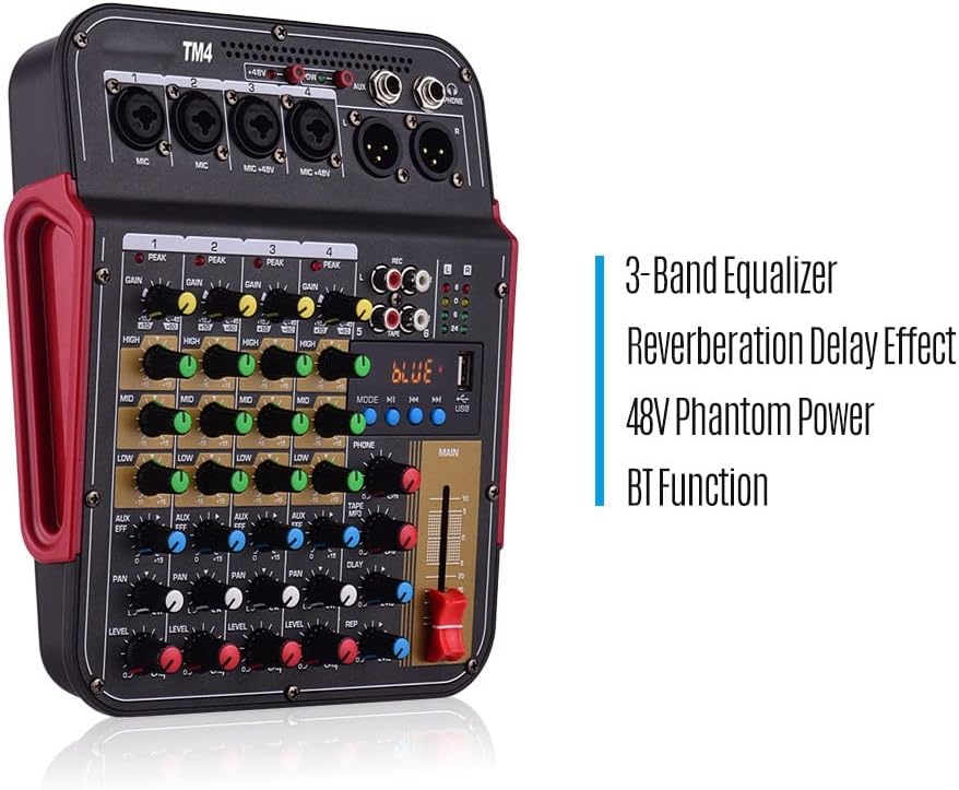 TM4 Mixer highlighting 3-Band Equalizer, Reverberation Delay Effect, 48V Phantom Power, and BT Function