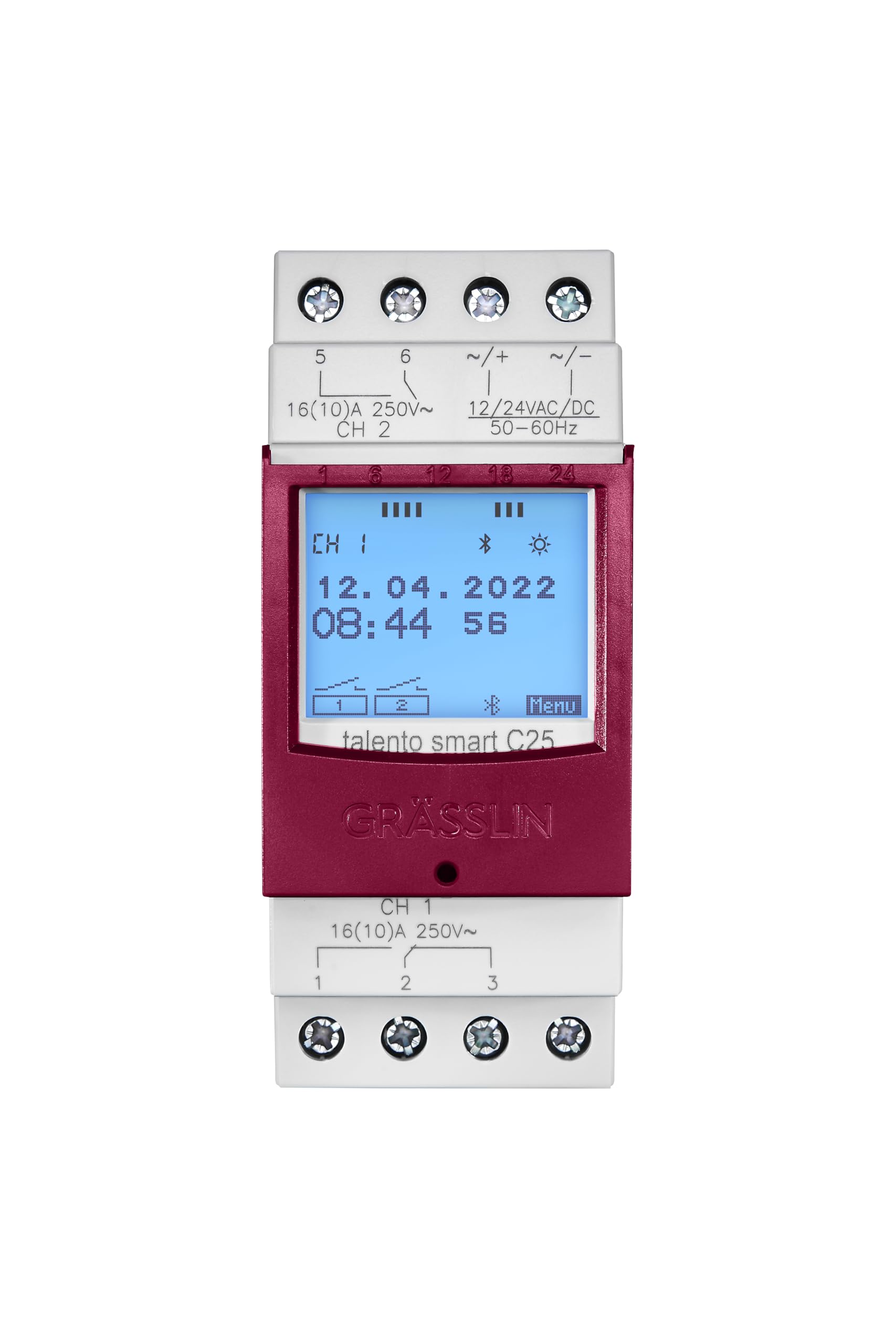 43.03.0003.1 talento smart C25 12-24V Astro-Zeitschaltuhr digital | 2 Kanäle, DIN-Schiene/Hutschiene, 500 Speicherplätze,12–24 V AC/DC, Wochen-/Jahresprogramm, Zyklus/Impuls,8 Jahre Gangreserve