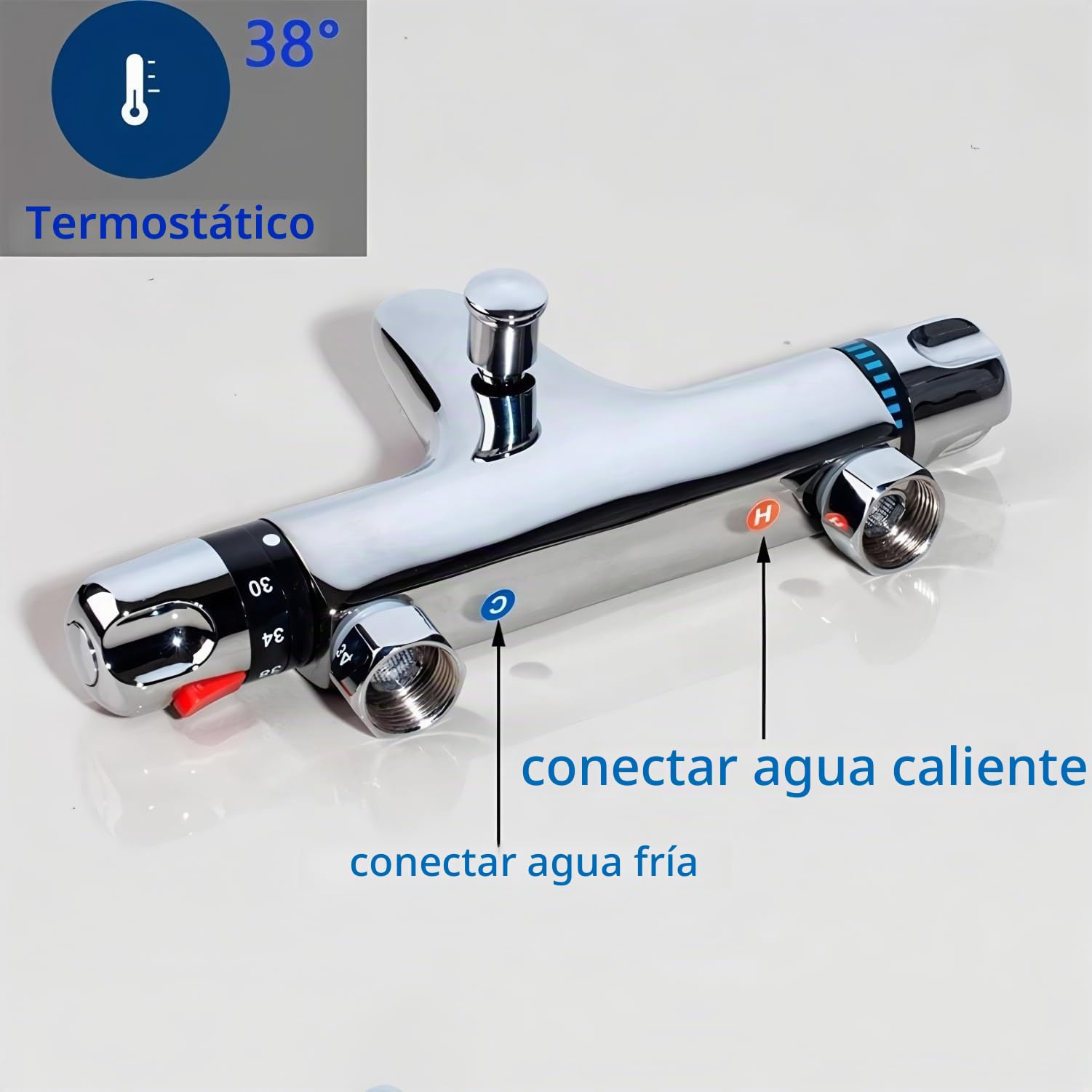 Grifo para bañera con termostato, grifo de ducha, mezclador de ducha con botón de seguridad de 38 °C, termostato de bañera de montaje en superficie