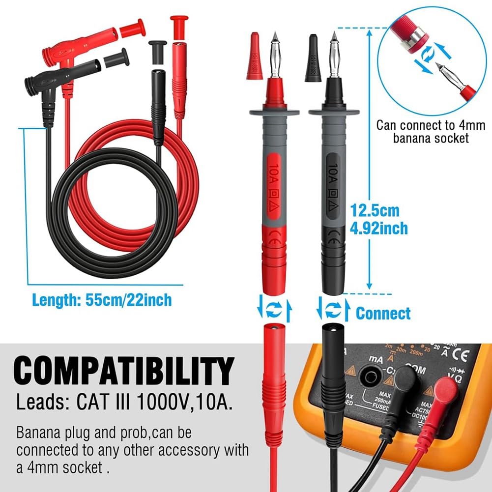 Kit de Cables de Prueba para MultíMetro de 25 Piezas, Juego de Cables de Prueba con Pinzas de Cocodrilo Reemplazables, Sondas Perforadoras de Cables, Pinzas de Cocodrilo