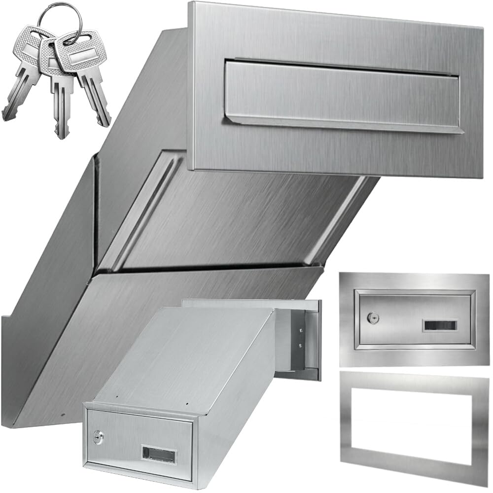 Wall Letter Box Stainless Steel V2A INOX with Frame Built-in Letter Box XXL Wall Thickness 260-420 mm Weatherproof Front Panel 305 x 135 mm Rustproof Front and Back Door