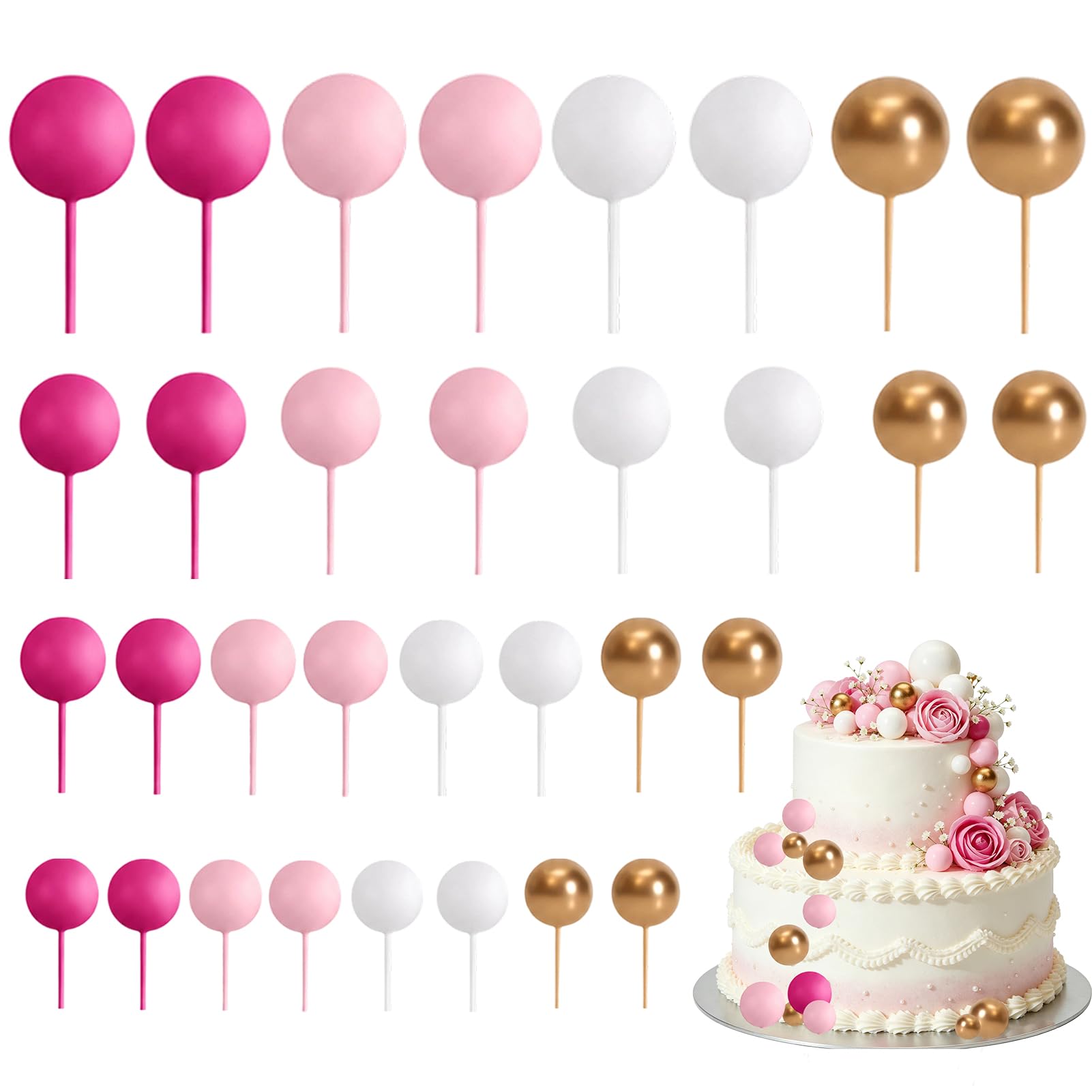 32 Pcs Cake Balls Decoration, Ball Cake Toppers with 4 Size, Pearl Round Shaped Cake Topper Balls for Birthday, Party, Wedding Decoration Supplies - Black & Gold & Silver(2/2.5/3/4 cm) (Color C) โ image 1