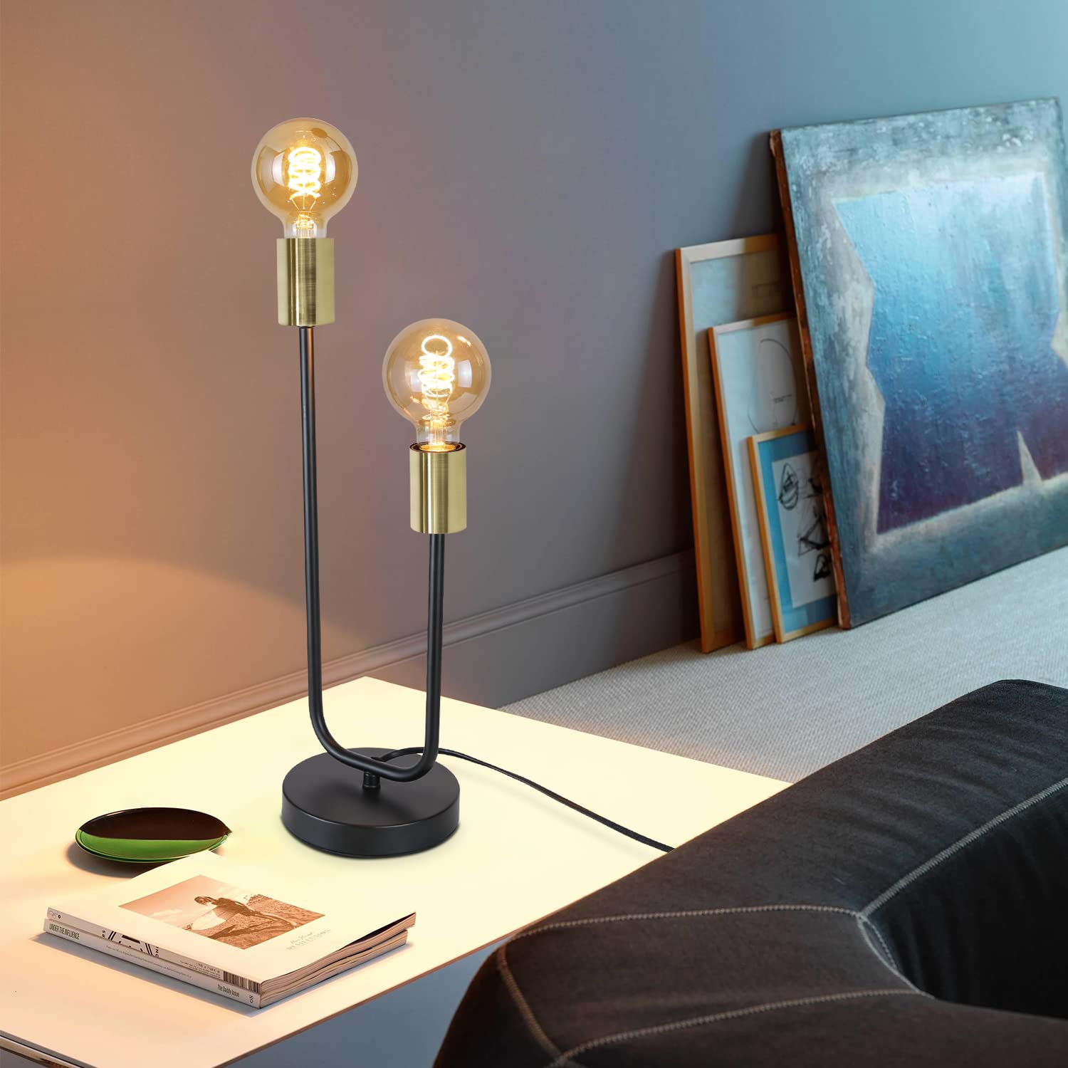 CBJKTX 2er Tischlampe Vintage Tischleuchte E27 - Retro Nachttischlampe in | Schwarz Gold mit 2 Flammig Industrial Schlafzimmer Nachtlicht aus Metall Schreibtischlampe mit Kabel für Wohnzimmer