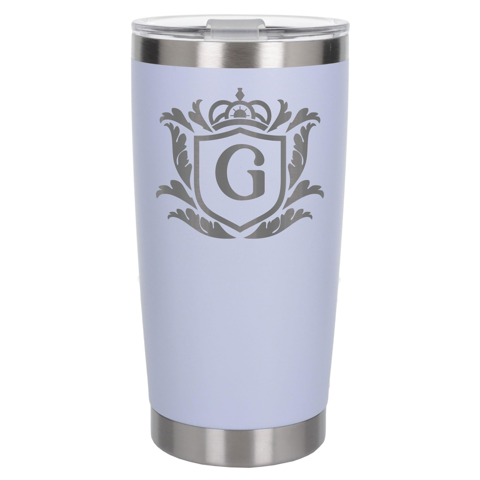 Customised Gifts 500ml Engraved Shield Initial Monogram Insulated Personalised White Travel Mug for Men and Women - Personalised Initial Coffee Travel Mug for Hot and Cold Beverages, Letter G