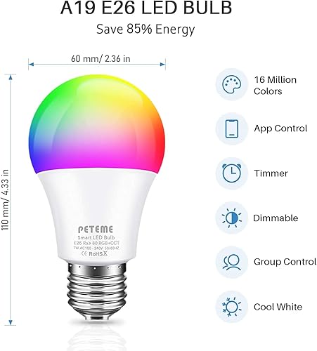 Miniatura 7 de Peteme Bombillas inteligentes WiFi, bombillas LED RGB que cambian de color compatibles con Alexa, Siri, Echo, Google Home, A19 E26 60W bombillas