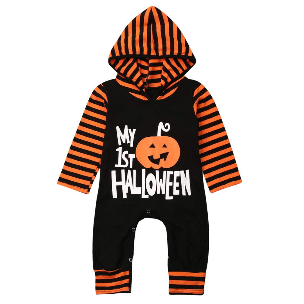 Baby Boys Girls Long Sleeve Halloween Pumpkin Hoodie Romper One-Piece Jumpsuit (3-6M, Black My First Halloween)
