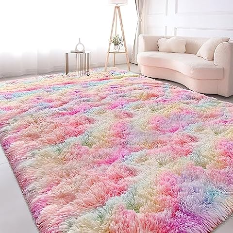 TENNOLA Fluffy Soft Area Rug 8x10+2x6 Feet Plush Furry Rugs for Girls Bedroom Shaggy Rug Kawaii Rug for Living Room Fuzzy Nursery Rug for Baby's Toddler's Room Cute Colorful Room Decor for Kids Cover