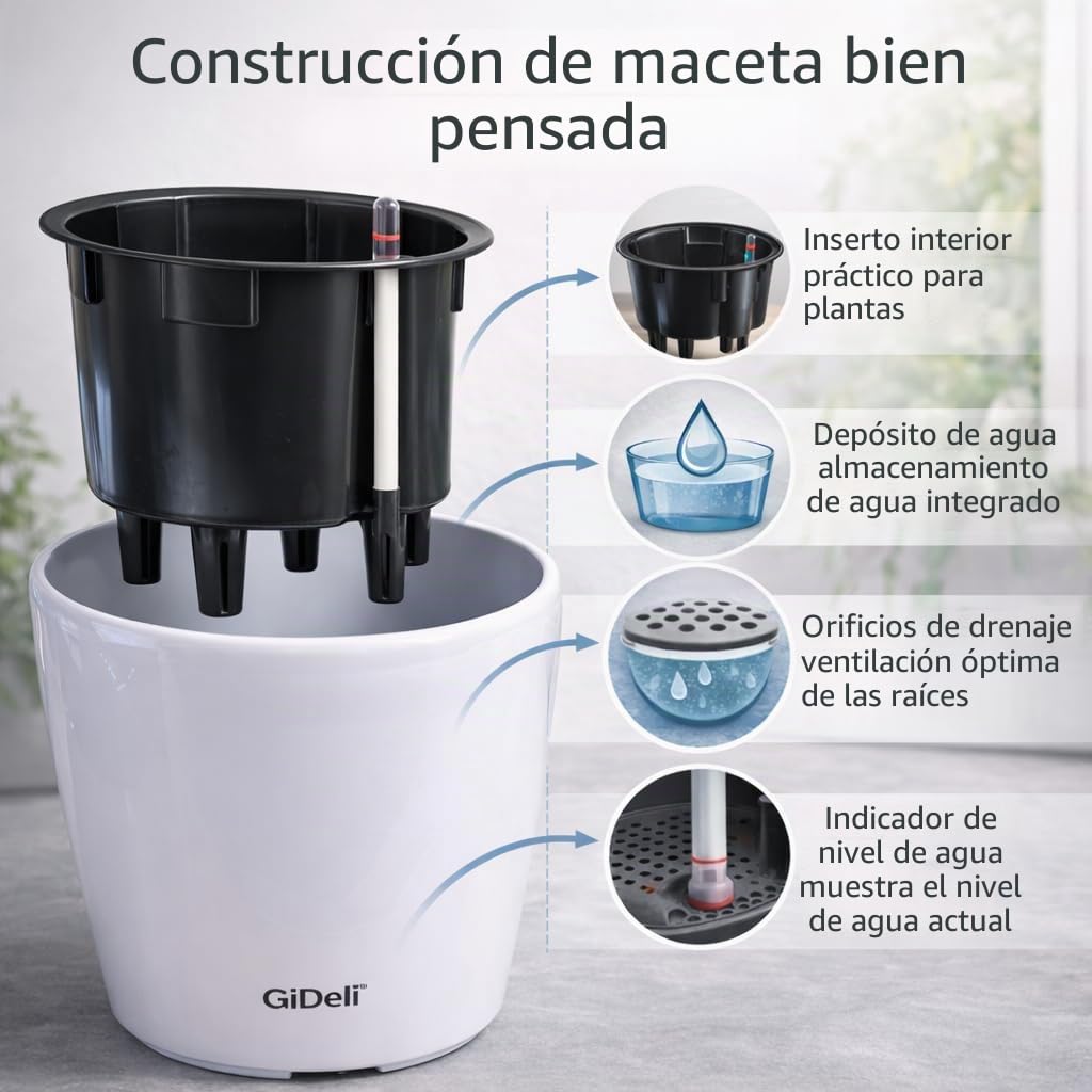 GiDeli Jardinera con riego automático - Maceta autoirrigable con indicador de nivel de agua - Macetas que protegen contra el desbordamiento y la putrefacción - Maceta que ahorra tiempo