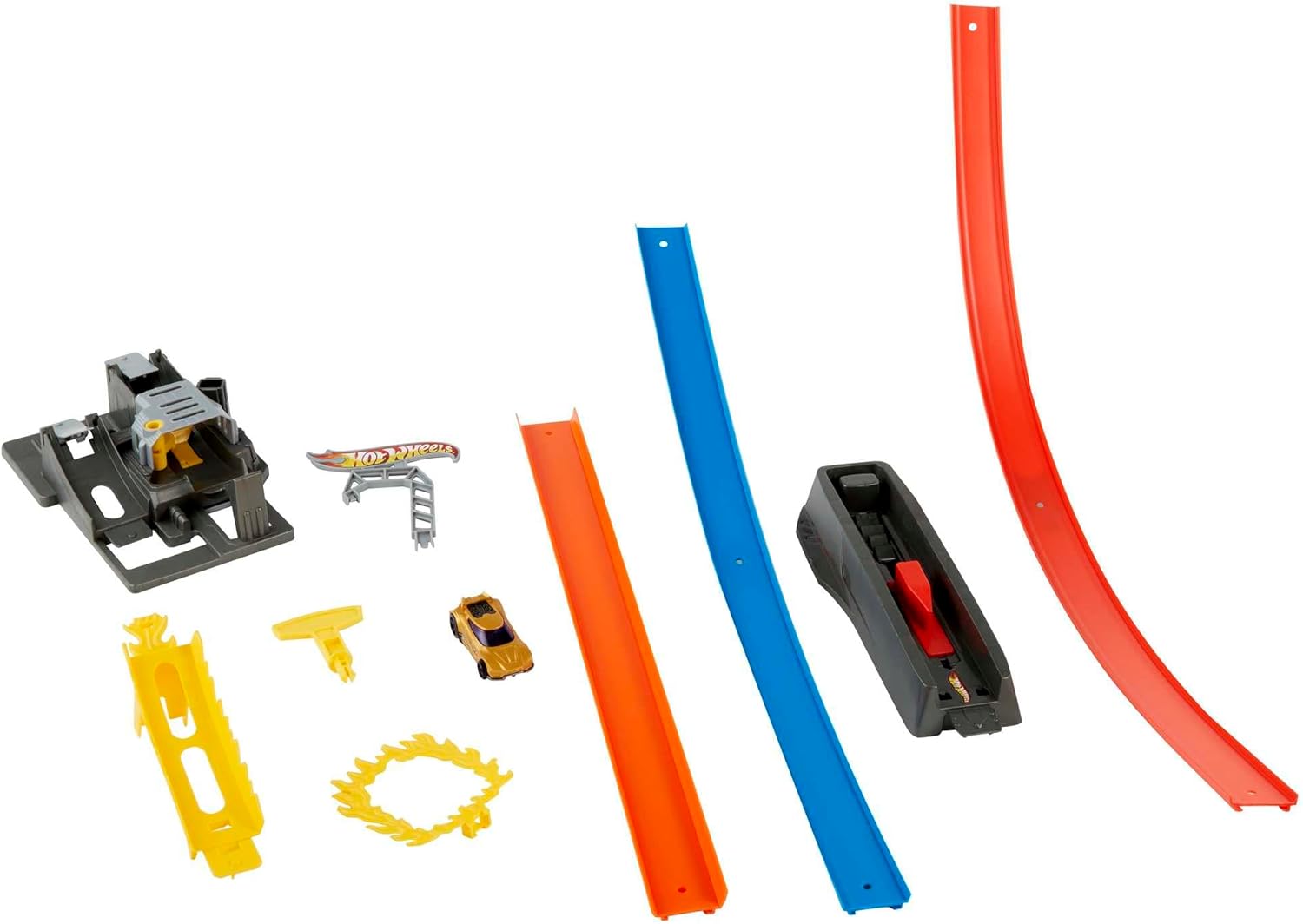 All components of the Hot Wheels Energy Track laid out, including track pieces, launcher, loop supports, and the included car.