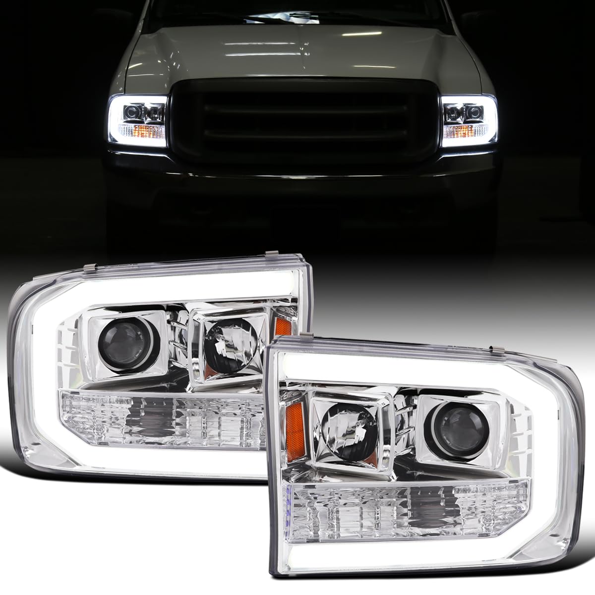 Ronnin - Fits 1999-2004 Ford F250 F350 F450 F550 Super Duty 2000-2004 Excursion Upgraded Replacement LED Running Lights Projector Headlights Assembly
