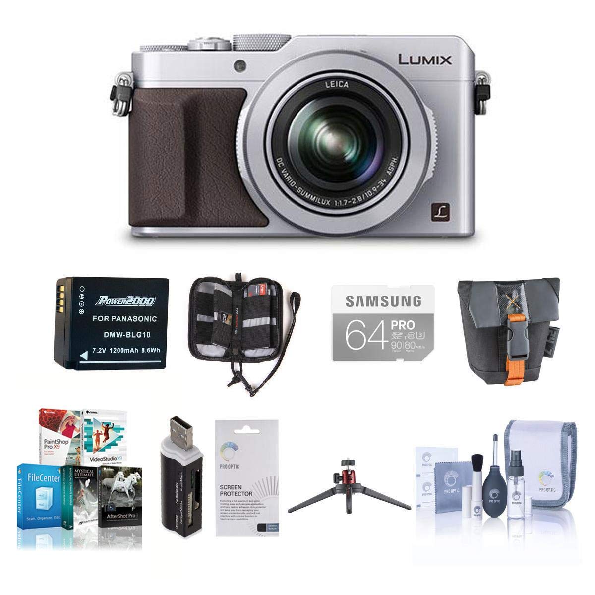 Panasonic Lumix DMC-LX100 Digital Camera, 12.8MP, Silver - Bundle with Camera Case, 64GB Class 10 SDXC Card, Spare Battery, Aluminum Table-Top Tripod, Cleaning Kit, Screen Protector, Software + More