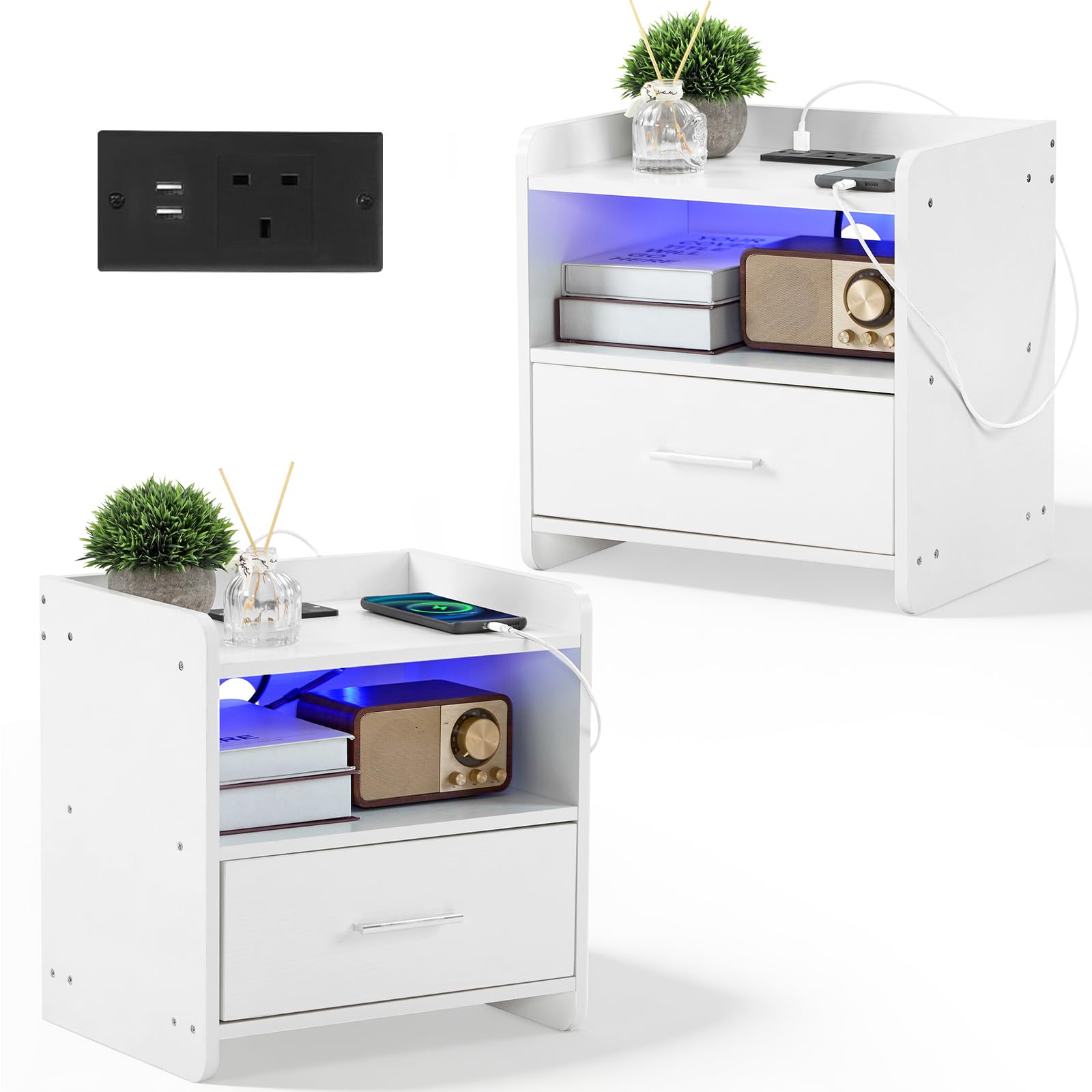Karl home Bedside Table Set of 2, Nightstand, Side End Table (White)