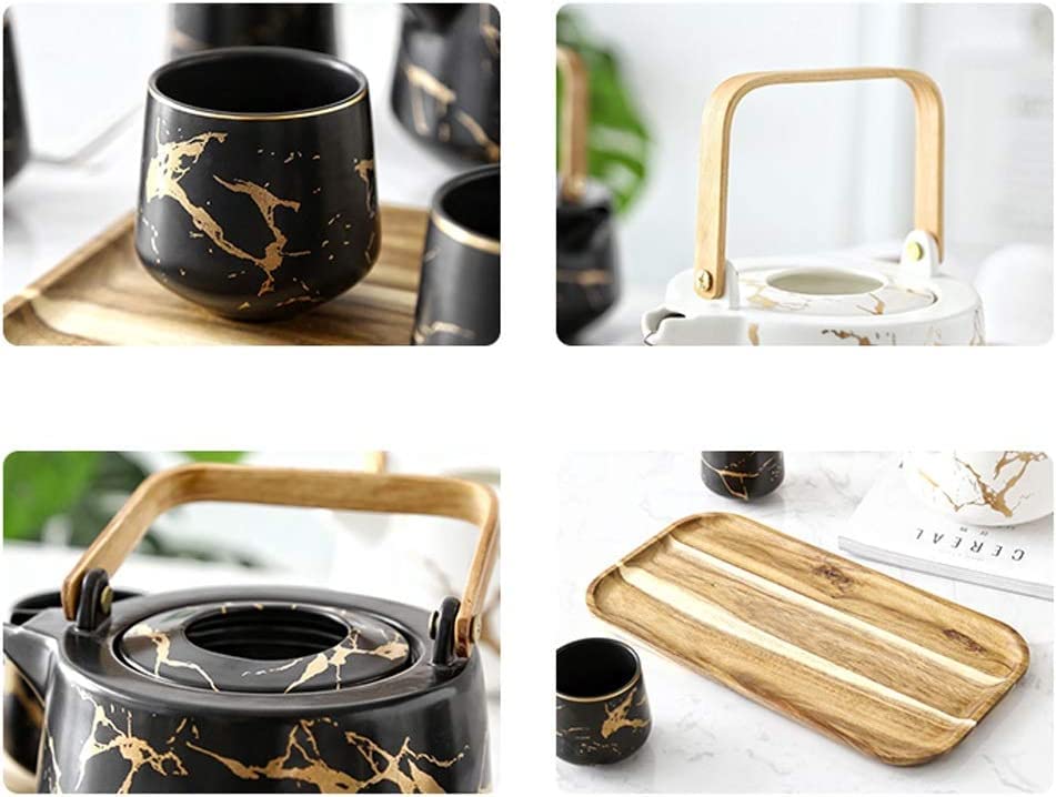 Ceramiczny zestaw do herbaty z drewnianą tacą, pojemność 4 filiżanek do domu i biura popołudniowej herbaty