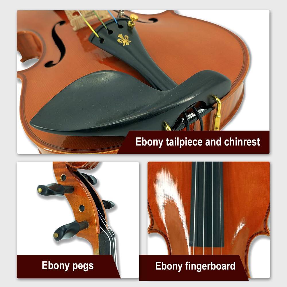 Kit violino 4/4 a 4 corde di fascia alta fatto a mano in acero posteriore e laterale, in legno di abete rosso, tastiera in ebano con custodia e archetto in legno di Brasile (intarsio floreale