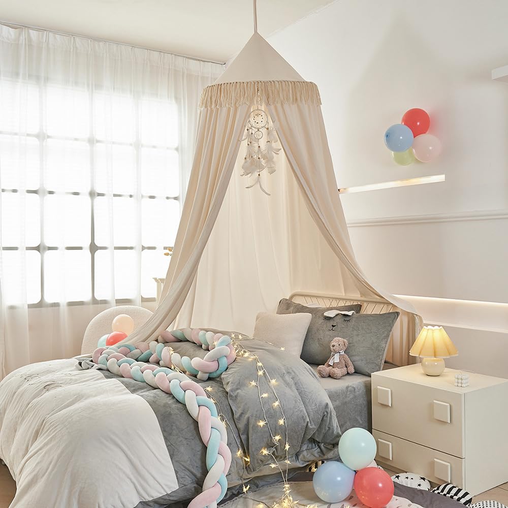 Groß Betthimmel Baldachin Babybett Beige Kinderbett Mädchen Khaki Kinder Baby Himmel Rund Hängendes Kuppel Moskitonnetz Deko 400cm