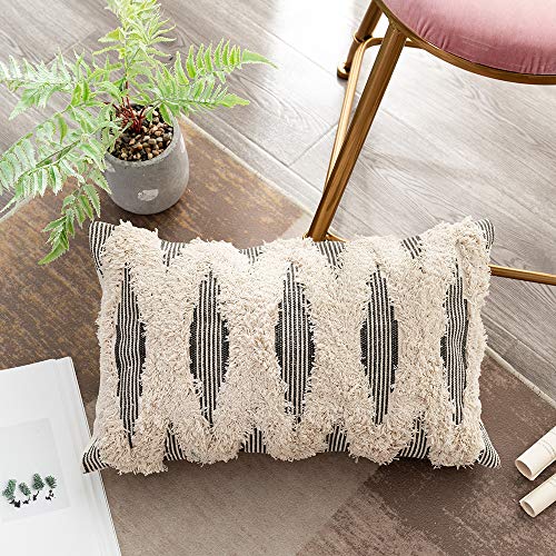 Ojia Decorative Lumbar Throw Pillow Cover, Ticking Striped Cream & Gray Texured Pillow Cases Accent Cushion Cover Tufted Neutral Geometric Contemporary For Farmhouse Living Room (12X20Inch, Stripe) #TOP2