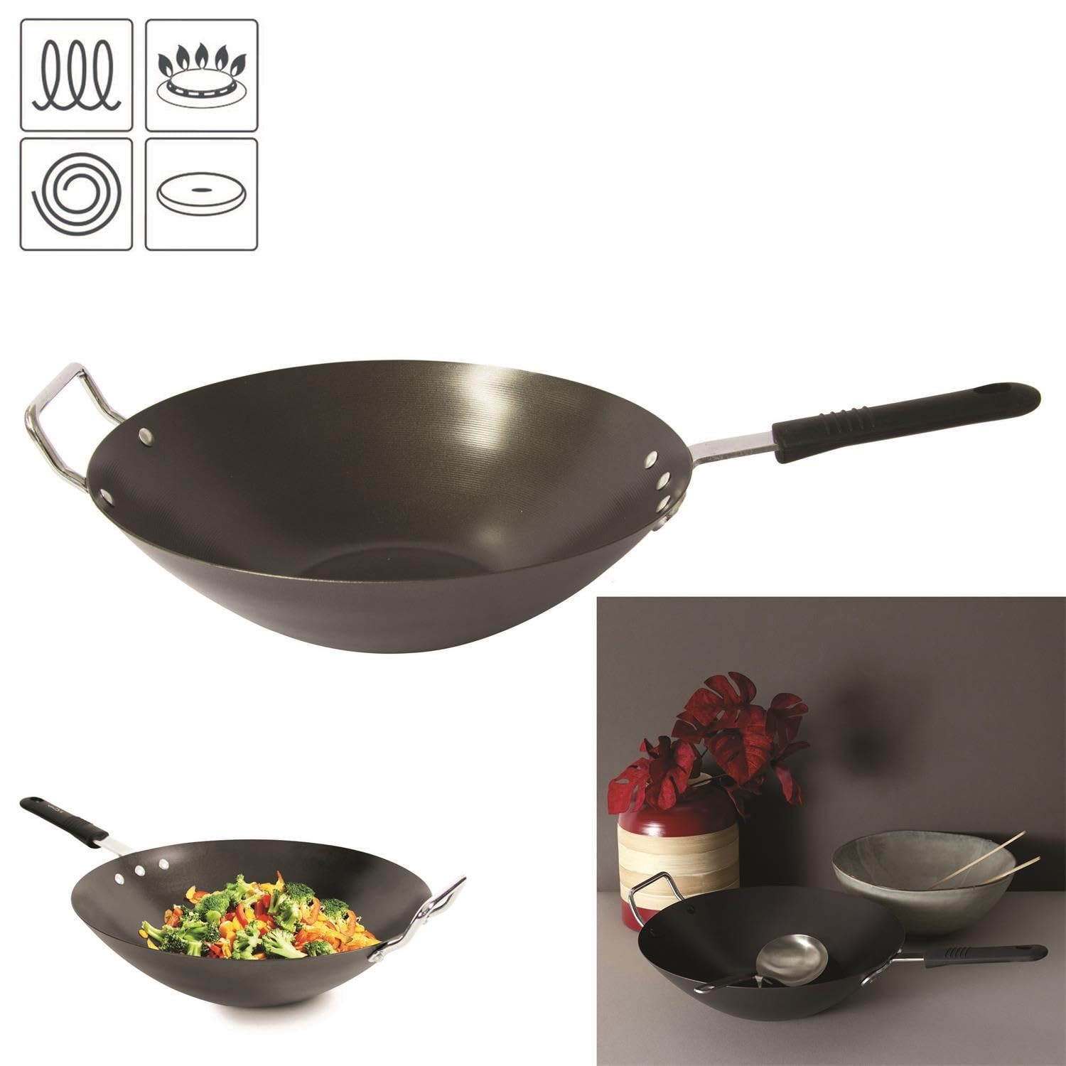 Wok traditionnel en acier au carbone 33 cm antiadhésif noir tous feux
