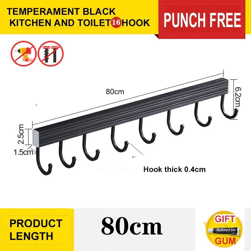 Adhesivo 16 Gancho Barra Soportes y Organizadores para Utensilios de Cocina, Autoadhesivo,Aluminio,negro,80CM
