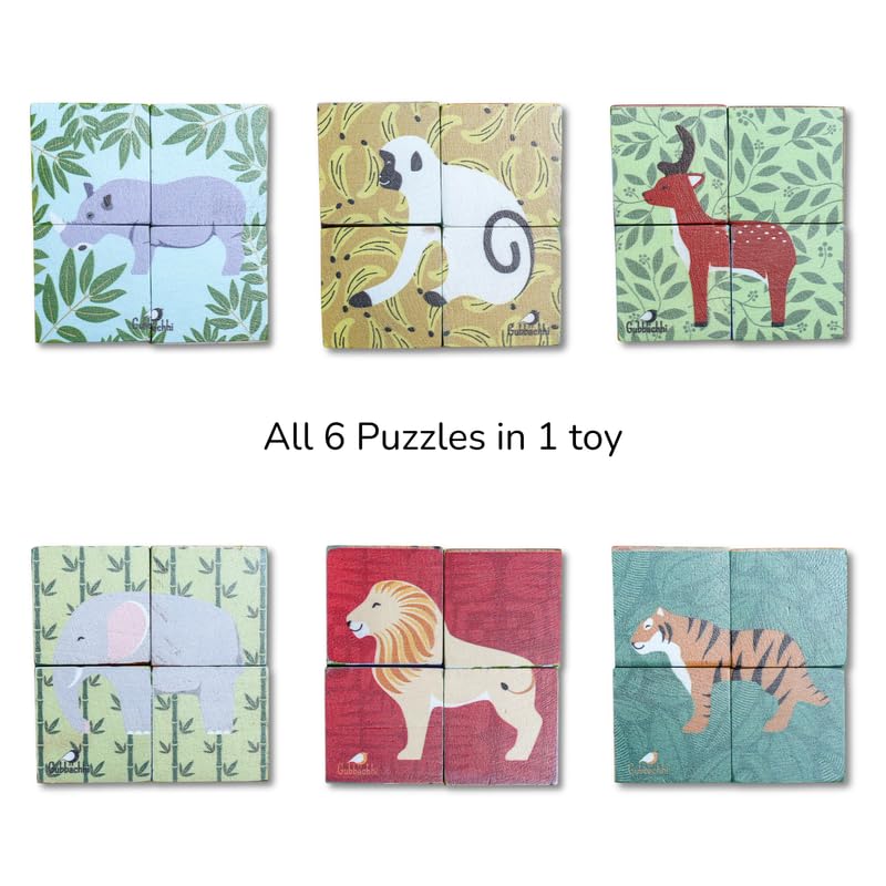 Image of Wooden Jungle Puzzle for Toddlers 2 Yrs+ | 6 in 1 Animal Block Puzzle with 4 Wooden Blocks | Montessori Educational Toy | Handmade in India | 100% Mango Wood | Non Toxic | Screen Free Toy