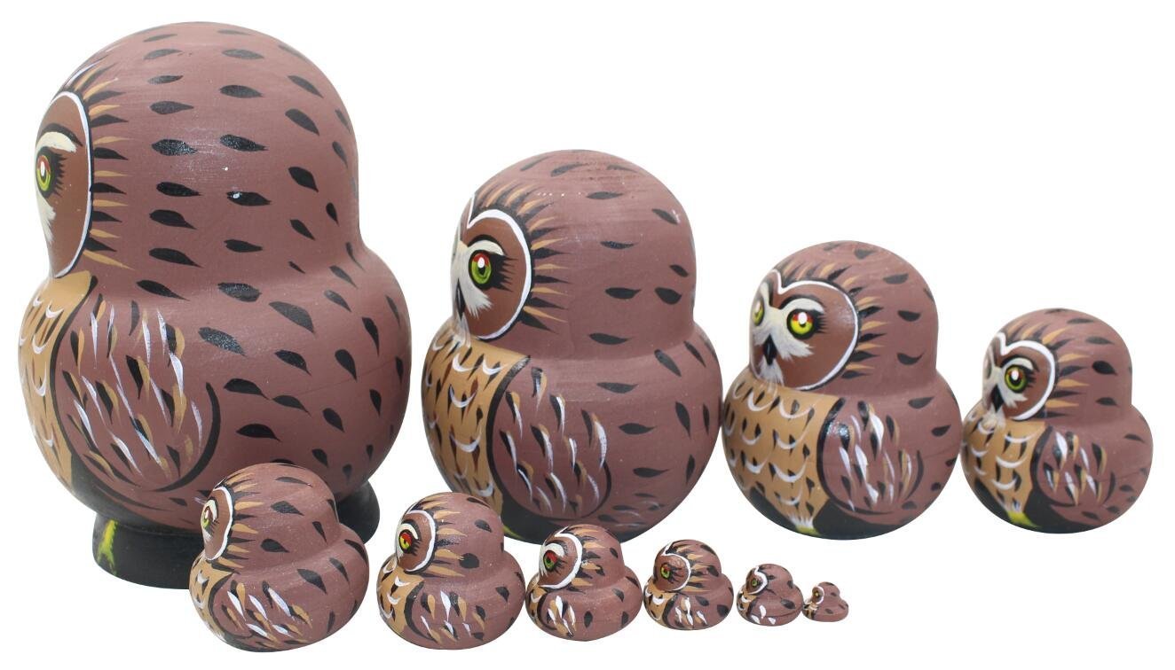 Winterworm 1 Lot de 10 pcs Cute Owl Thème Animal en Bois empilage gigogne Crèche de Noël Faite à la Main poupée Russe Enfant Cadeau Jouet